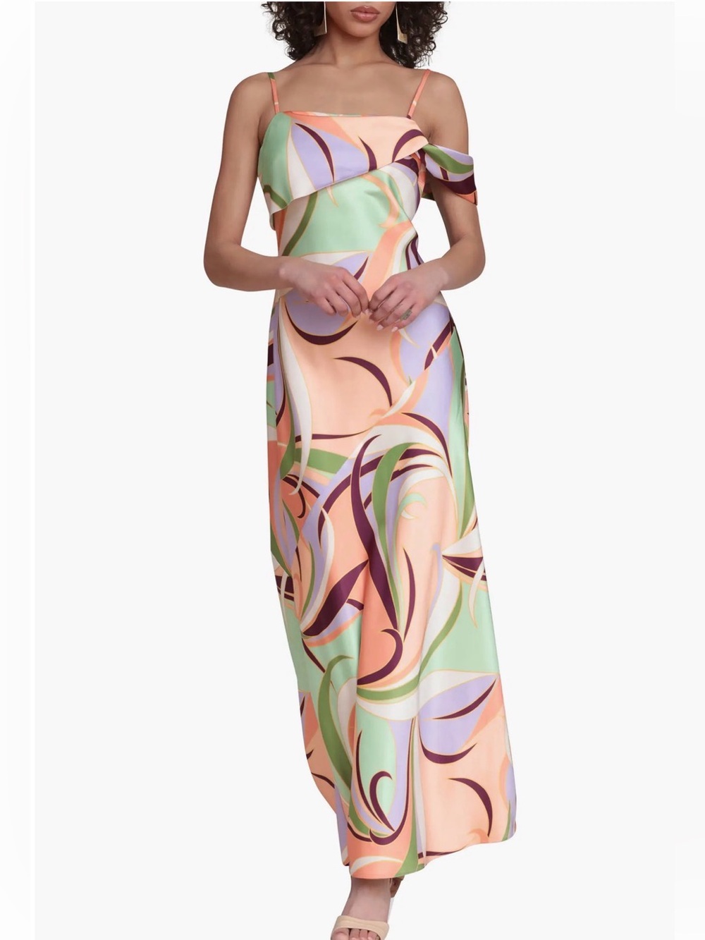 NWT Avec Les Filles Abstract Swirl Print Satin Ruffle Maxi Dress